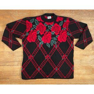 Vintage Argyle Floral Sweater Plus Size 1X 90s Soft Knit Acrylic Roses